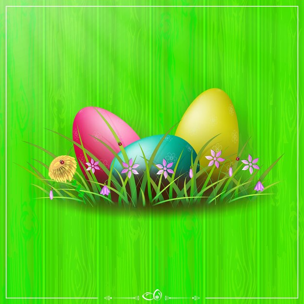 Green composition with a wood pattern, Easter eggs of different colors with a pattern, grass and flowers.