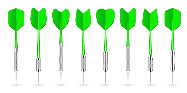 Green dart arrows with metal tip and shadow dart throwing sport game dartboard equipment vector