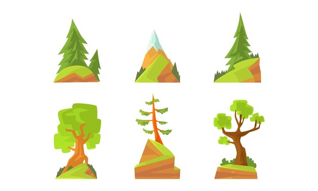 Green Forest Trees Set Evergreen Pines and Fir Trees Cartoon Vector Illustration