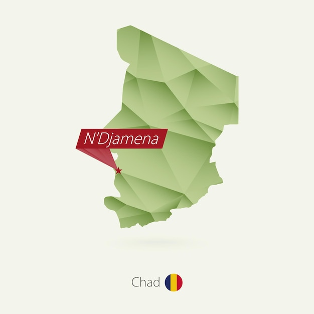 Green gradient low poly map of Chad with capital N'Djamena