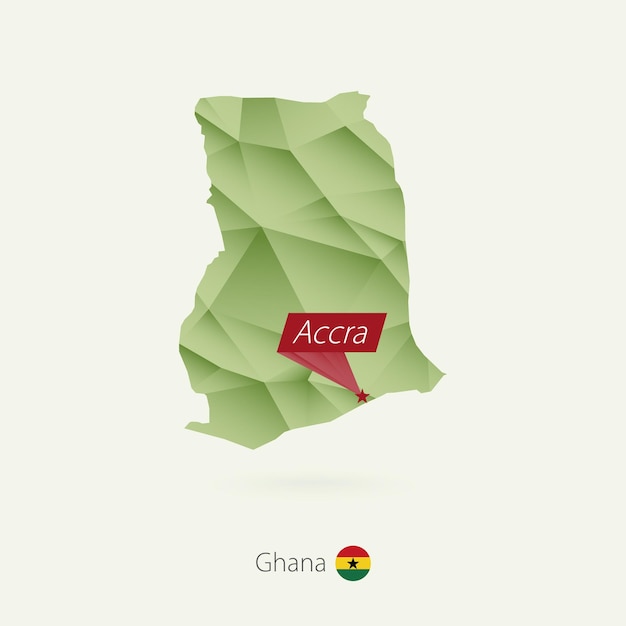 Green gradient low poly map of Ghana with capital Accra