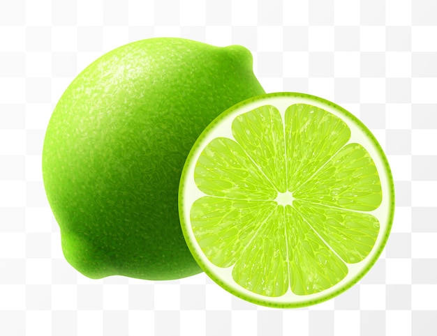 Green lime isolated on transparent background Whole lime and slice of fruit vibrant