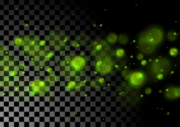 Green luminous bokeh lights particles on checkered transparent background Vector glowing design