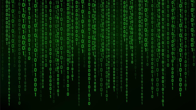 Green matrix background stream of binary code Falling numbers on dark backdrop Digital computer code Coding and hacking Vector illustration