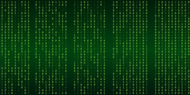Green matrix background stream of binary code Falling numbers on dark backdrop Digital computer code Coding and hacking Vector illustration