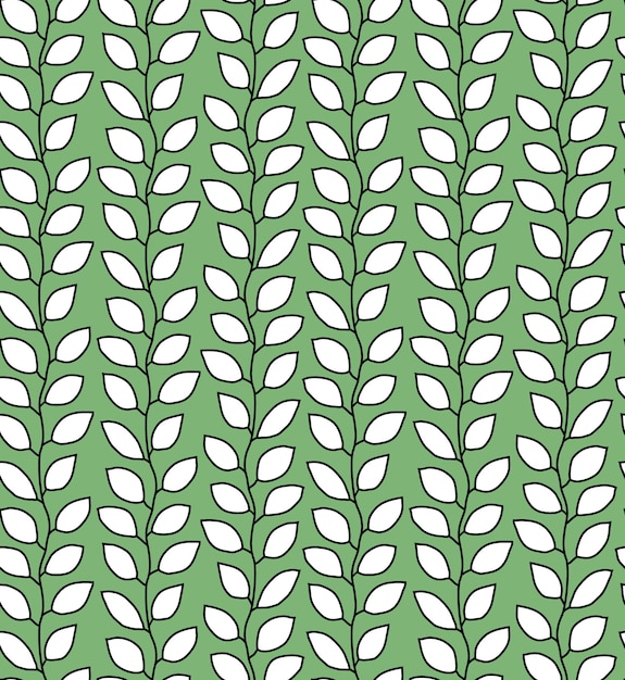Green seamless pattern with leave outlines on branches in vertical rows Scandinavian style