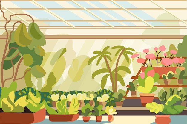 Greenhouse garden with green trees and indoor plants