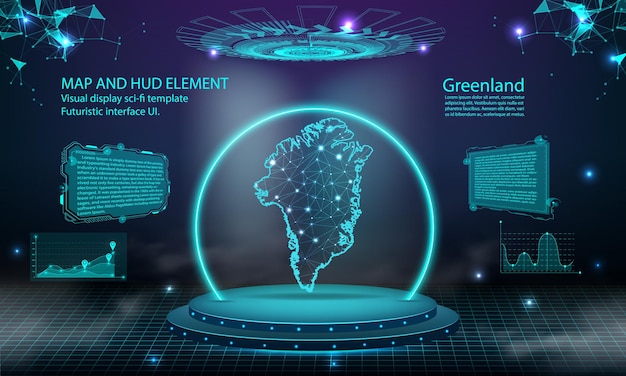 Greenland map light connecting effect background abstract digital technology UI GUI futuristic HUD Virtual Interface with greenland map Stage futuristic podium in fog