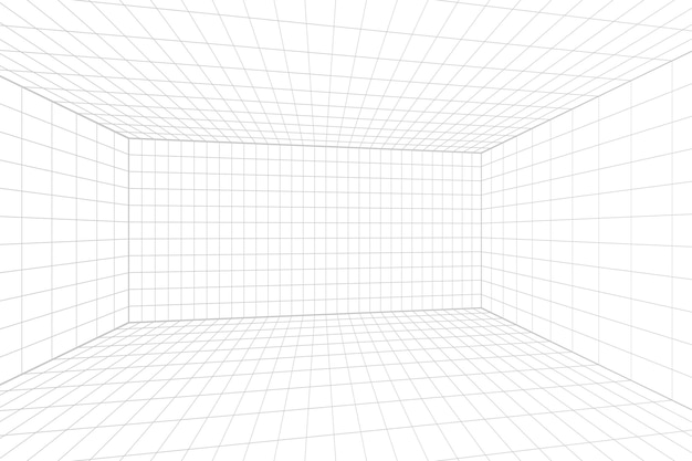 Grid perspective white room with gray wireframe background. Digital cyber box technology model.  Vector abstract architectural template