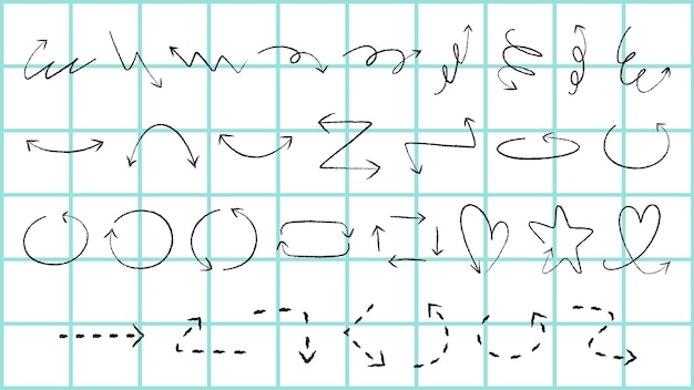 Grid with various arrow designs Arrows pointing in different directions Curved arrows and dashed arrows on a grid Arrow patterns and shapes Element vector set