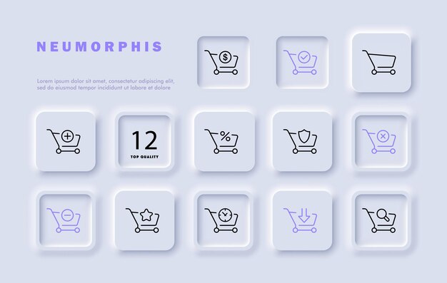 Grocery cart set line icon Shopping discounts supermarket groceries membership card percentage timer Neomorphism style Vector line icon for business and advertising
