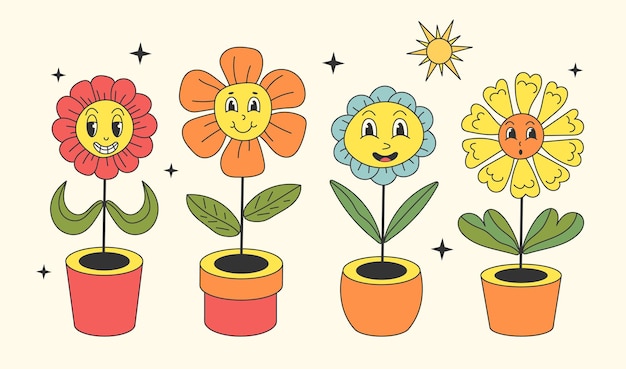 Groovy cartoon flowers in flowerpots with funny smiling faces chamomile characters camomile happy em