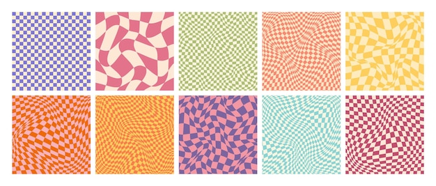 Groovy checkered pattern colorful distorted tiled grid vintage wavy curved backdrop distortion