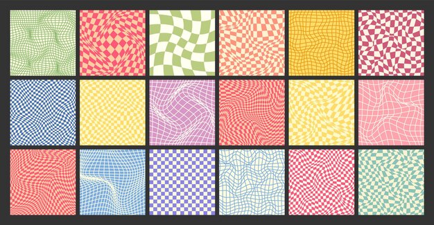 Groovy checkered pattern colorful distorted tiled grid vintage wavy curved backdrop distortion