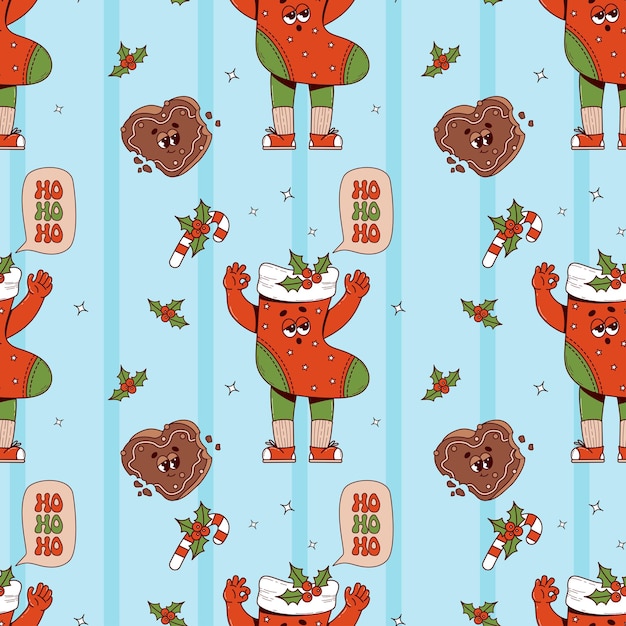 Groovy Christmas seamless pattern Retro cartoon character Xmas stocking with gingerbread heart