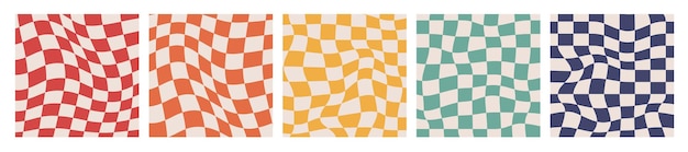 groovy distorted checkered background retro twisted trendy waves trippy grid isolated hand drawn square templates collection hippie aesthetic psychedelic 1970s