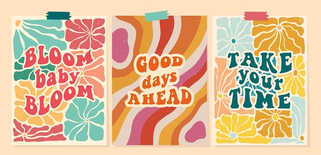 Groovy wallpaper collection vintage lettering quotes on textured backgrounds for posters cards