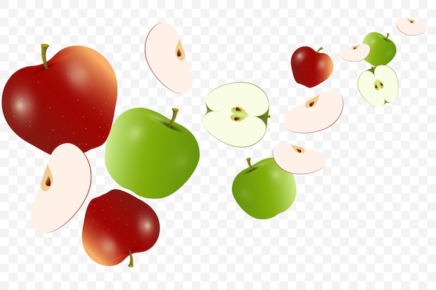 group of apple flying background fresh green red apples with pieces of apples cut