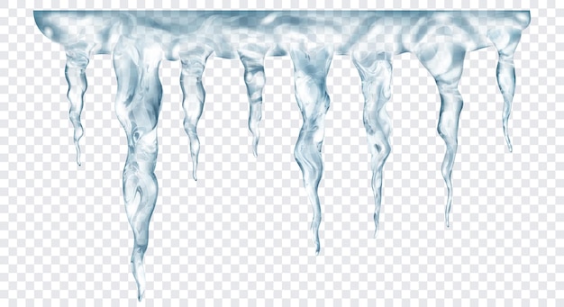 group of translucent gray realistic icicles of different lengths, connected at the top, isolated on transparent background. transparency only in vector format