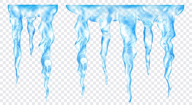 group of translucent light blue realistic icicles of different lengths, connected at the top, isolated on transparent background. transparency only in vector format