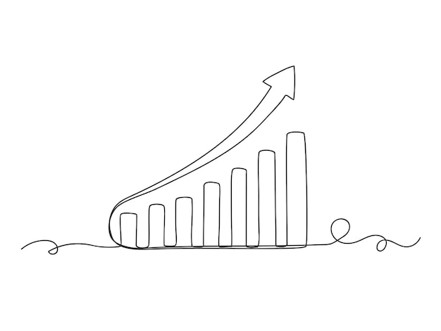 Growing graph up chart in continuous one line drawing isolated vector illustration