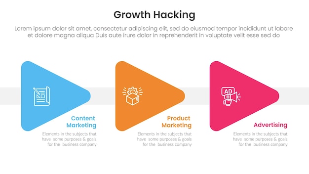 growth hacking infographic 3 point with triangle arrow right direction for slide presentation