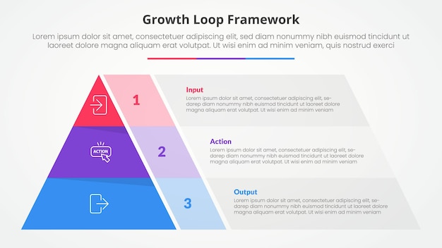 Growth loop framework infographic concept for slide presentation with pyramid shape and transparent container box with 3 point list with flat style