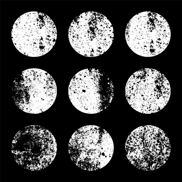 Grunge circles with stains and scratches Circle brush stroke round shape design element Distressed dirty text frame border sticker or label Paintbrush ink stains Vector illustration