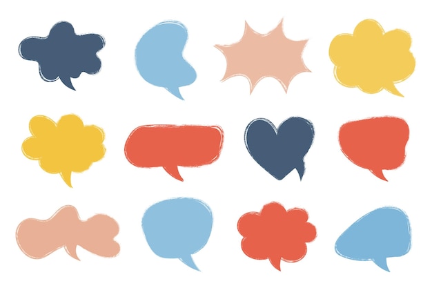 Grunge crayon drawn colourful speech bubbles icon set textured doodle dialog bubbles set