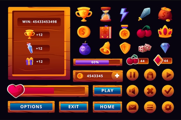 GUI app elements Mobile interface Fantasy game collection Metal or silver gaming icons set Buttons and life bar Space play kit Sword and potion symbols Vector recent UI design