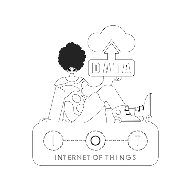 Guy holding a logo of a cloud based storage system for the Internet of Things drawn in a linear vector style