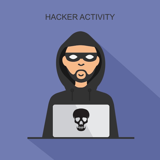 hacker activity and cyber crime concept vector thief in black mask steals information from laptop