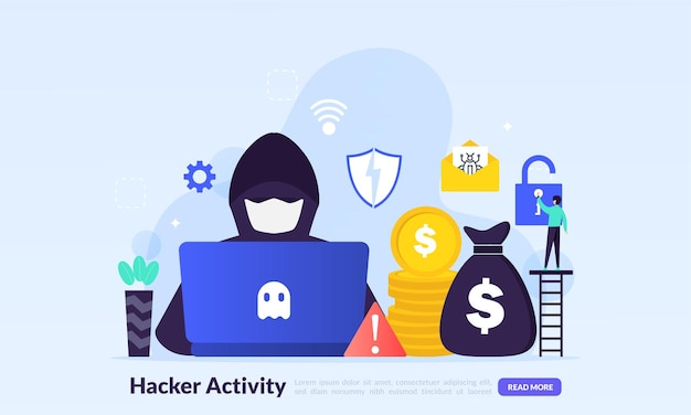 hacker activity concept, security hacking, online theft, criminals, burglars wearing black masks, stealing personal information from computer