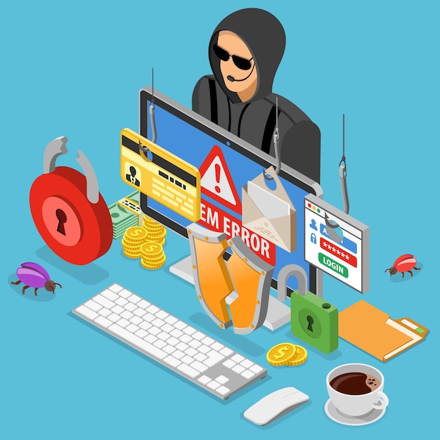 Hacker activity isometric concept Hacking and phishing Hacker steals password credit card and email Internet Security vector with flat isometric style icons hacked lock bug and computer