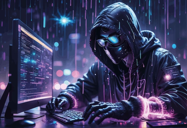 hacker in a hood a hacker with computer a hacking concept 3d illustration hacker in a hood a hac