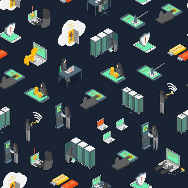 Hacker Signs 3d Seamless Pattern Background Isometric View Include of Computer Virus Money Spy and Mobile Vector illustration