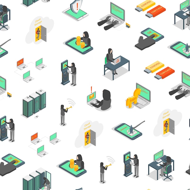 Hacker Signs 3d Seamless Pattern Background on a White Isometric View Include of Computer Virus Money Spy and Mobile Vector illustration