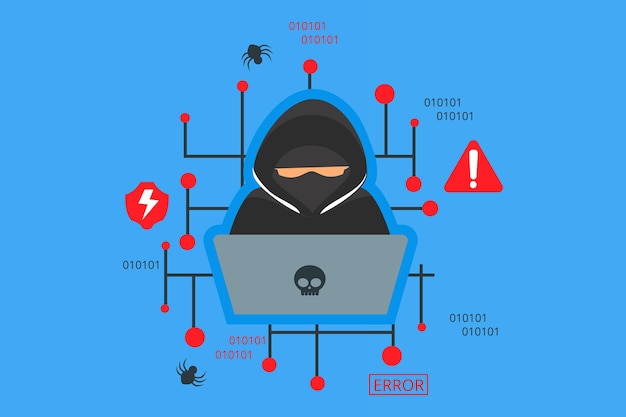 Hacker with laptop in a flat design Security hacking spy Fraud hacker