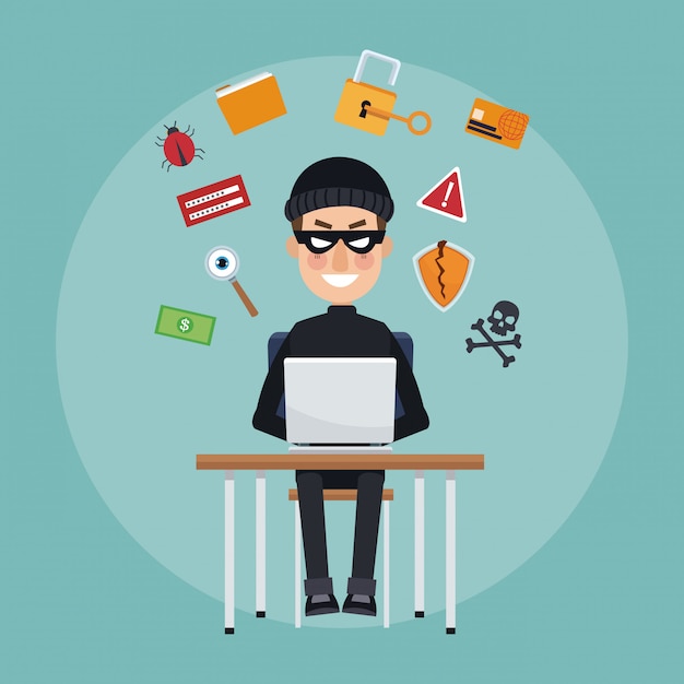 hacker with selaptop and security symbols 