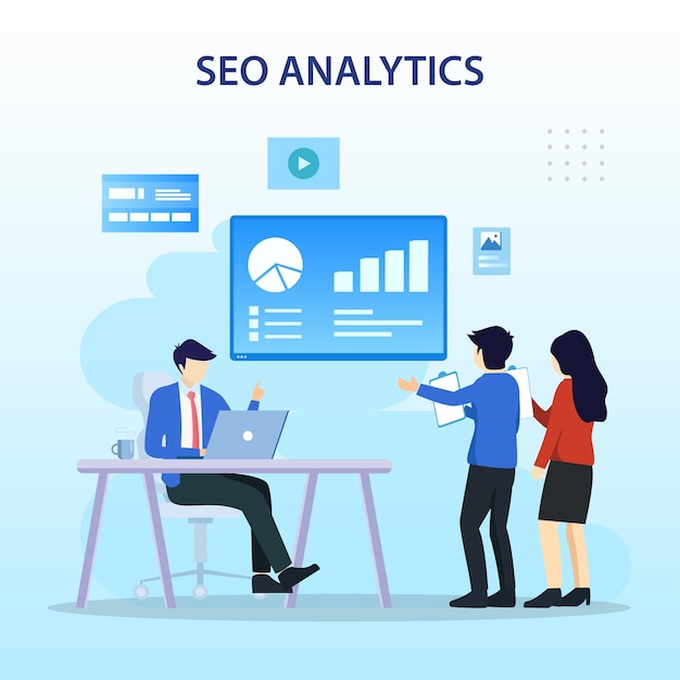 Hakukoneoptimointitiimi Hakukoneiden sijoitus Seo-menestys Seo-optimointi litteä vektori