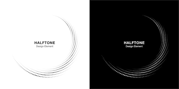 Halftone circle dotted frame circularly distributed set. Abstract dots logo emblem design element. Round border Icon using halftone circle dot texture.