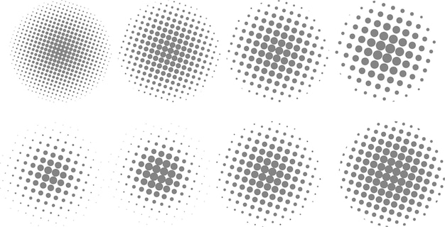 halftone circle shapes background design vector set of eight