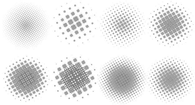 halftone circle shapes background design vector set of eight