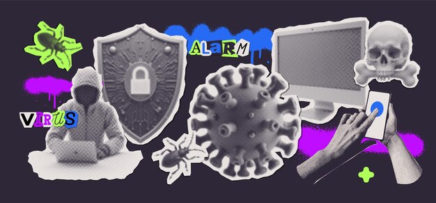 Halftone collage stickers set in theme of computer virus cybersecurity and personal data protection