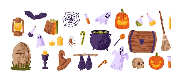 Halloween design elements set Helloween party decoration spooky bats scary ghosts creepy pumpkins pointed hat witch cauldron Flat isolated hand drawn vector illustrations on white background