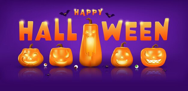 Halloween text yellow and orange design with yellow pumpkins bat flying spider banner design on purple background Vector 3d Illustration