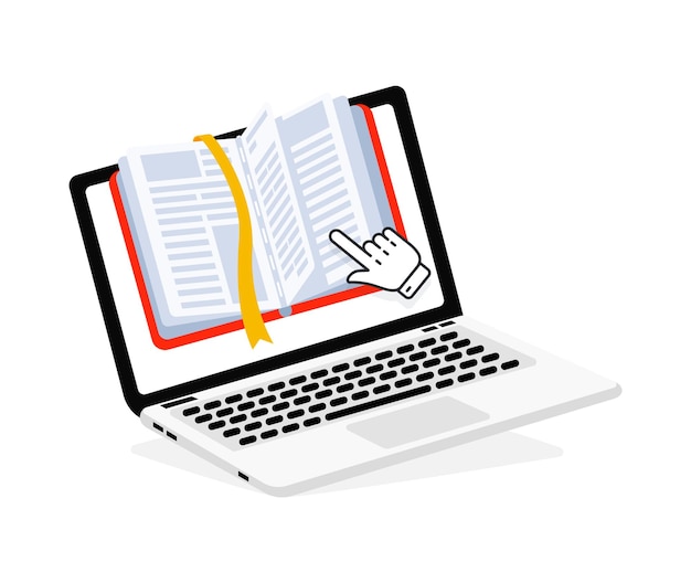 Hand cursor clicking on online book displayed on laptop screen promoting online reading and digital
