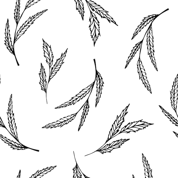 Hand drawing sketching seamless pattern with vector black branches with leaves and berries