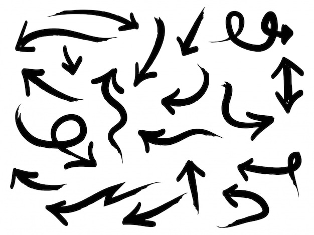 Hand drawn Arrows collection, with various directions. Doodle.