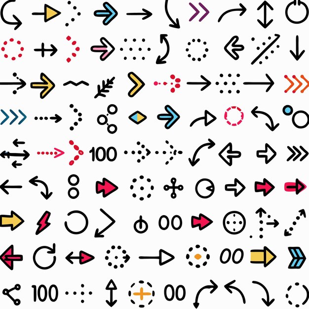 Hand drawn arrows navigation direction pointer and symbol set different colors and styles